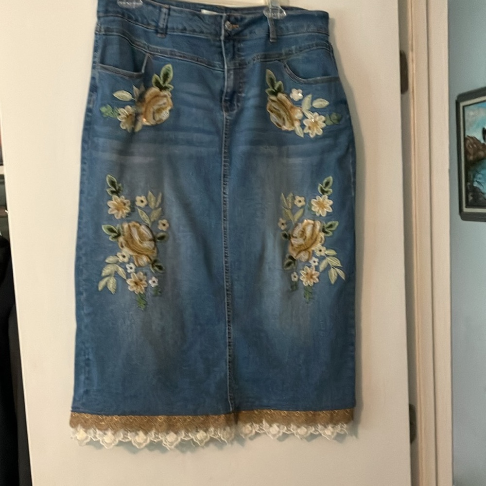 Cato Blue Denim Skirt with Yellow Floral Embroidery